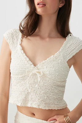 Ardene Textured Top with Bow detail in White | Size | Polyester/Cotton/Elastane