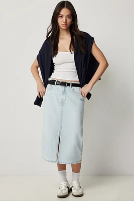 Ardene High Rise Midi Denim Skirt with Slit in Light Blue | Size | Spandex/Cotton