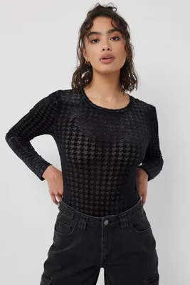 Ardene Flocked Houndstooth Mesh Bodysuit in Black | Size | Polyester/Nylon/Spandex