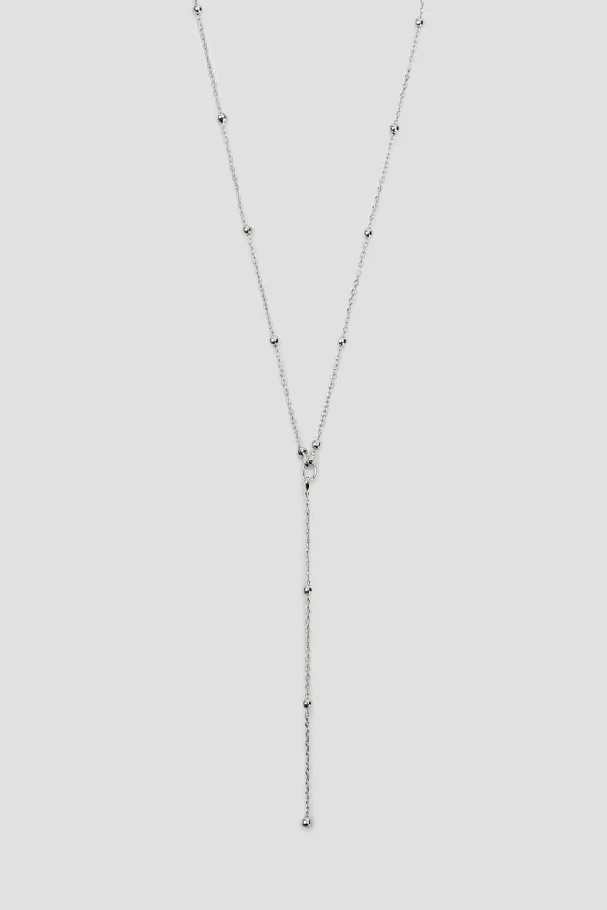 Ardene 14K White Gold Plated Y Necklace with Ball Details in Silver