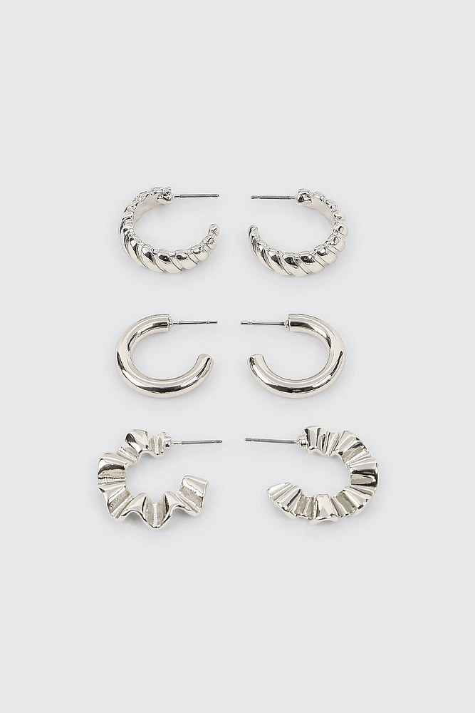 Ardene 3-Pack of Textured Hoops in Silver | Stainless Steel