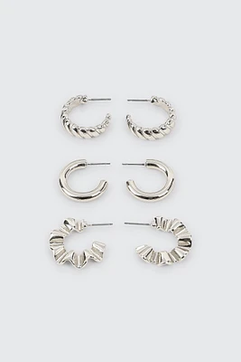 Ardene 3-Pack of Textured Hoops in Silver | Stainless Steel