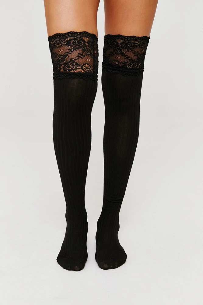 Ardene Over-the-Knee Socks with Lace Trim in | Polyester/Nylon/Spandex