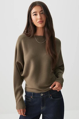Ardene Horizontal Rib Dolman Sweater in Khaki | Size | Polyester/Rayon/Nylon