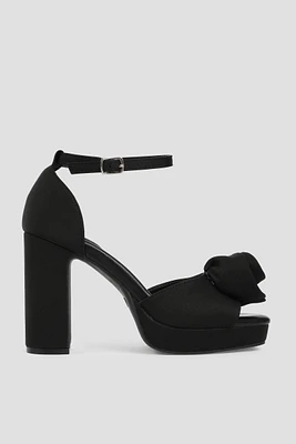 Ardene Block Heel Platform Sandals with Rosette in Black | Size | Faux Leather