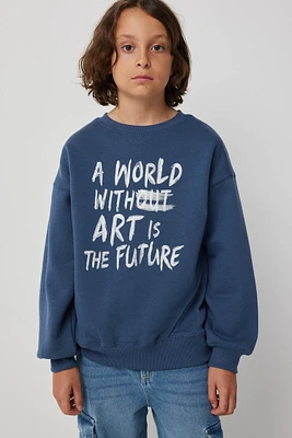 Ardene Graphic Crew Neck Sweatshirt in Dark Blue | Size | Polyester/Cotton | Fleece-Lined