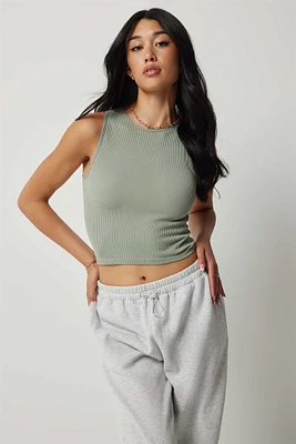 Ardene Basic High Neck Seamless Crop Tank Top in Light Green | Size | Nylon/Elastane