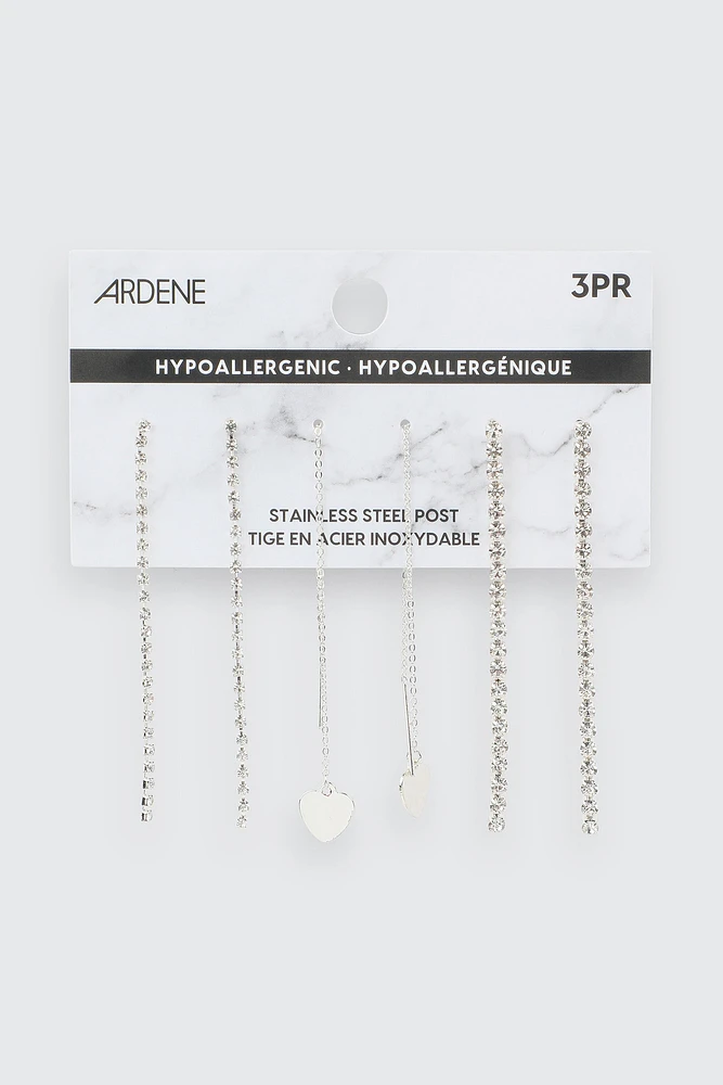 Ardene 3-Pack Rhinestone & Heart Drop Earrings in Silver | Stainless Steel
