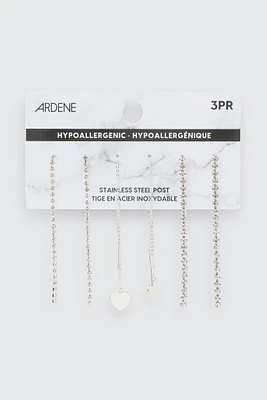 Ardene 3-Pack Rhinestone & Heart Drop Earrings in Silver | Stainless Steel