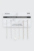 Ardene 3-Pack Rhinestone & Heart Drop Earrings in Silver | Stainless Steel