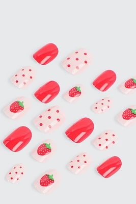 Ardene Kids 20-Pack Strawberry Fake Nails in Red