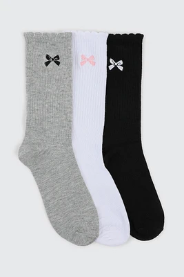 Ardene 3-Pack Crew Socks with Bow Embroidery in Grey | Polyester/Spandex