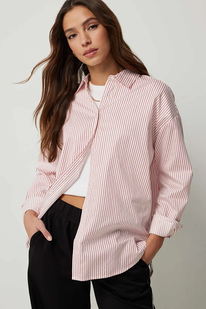 Ardene Striped Oversized Shirt in Red | Size | 100% Cotton