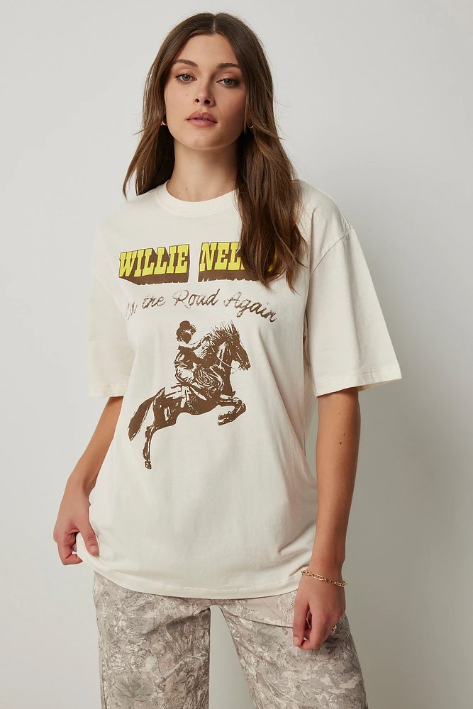 Ardene Oversized Willie Nelson T-Shirt in Beige | Size | 100% Cotton