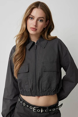 Ardene Ripstop Crop Jacket with Cargo Pockets in Dark Grey | Size | 100% Cotton