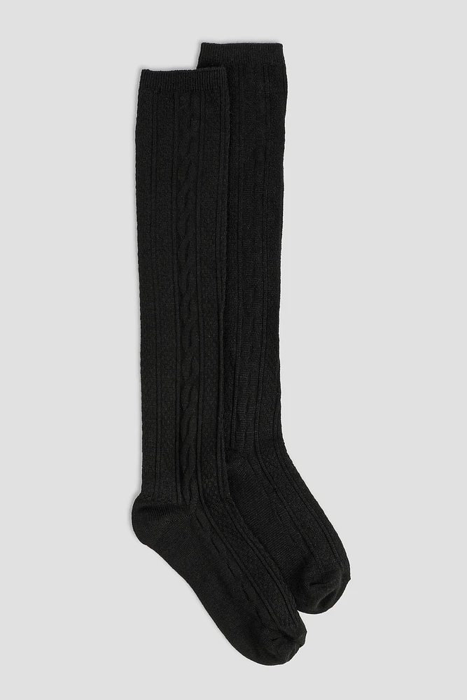 Ardene 2-Pack Knee High Cable Knit Socks in Black | Polyester/Spandex