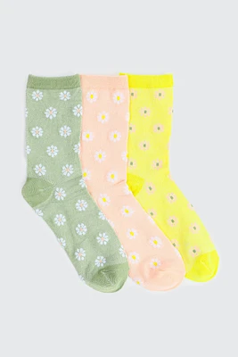Ardene 3-Pack Daisy Crew Socks in Sage | Polyester/Spandex