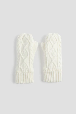 Ardene Kids Cable Knit Mittens in White | Polyester