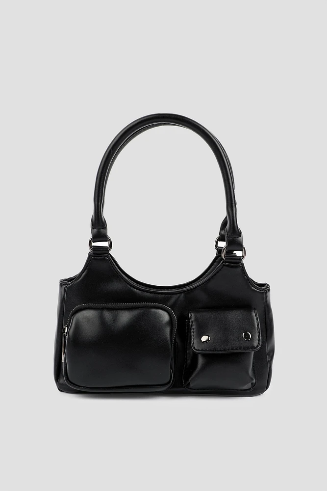 Ardene Faux Leather Shoulder Bag with Accent Pockets in | Faux Leather/Polyester