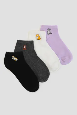 Ardene 4-Pack Ankle Socks with Cat Embroideries | Polyester/Spandex