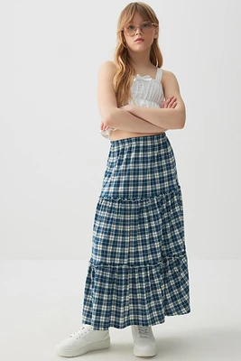 Ardene Kids Printed Tiered Maxi Skirt in Dark Blue | Size | Polyester/Elastane