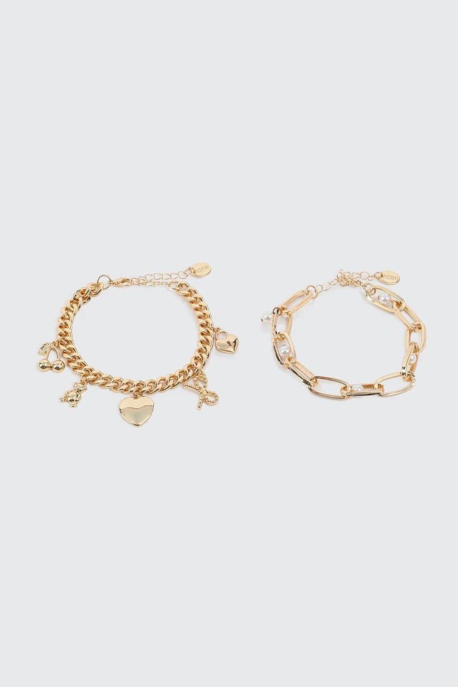 Ardene 2-Pack Chain Bracelets with Charms in Gold