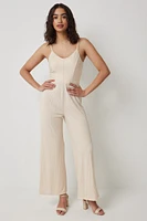 Ardene Striped V-Neck Jumpsuit in Beige | Size | Polyester/Spandex