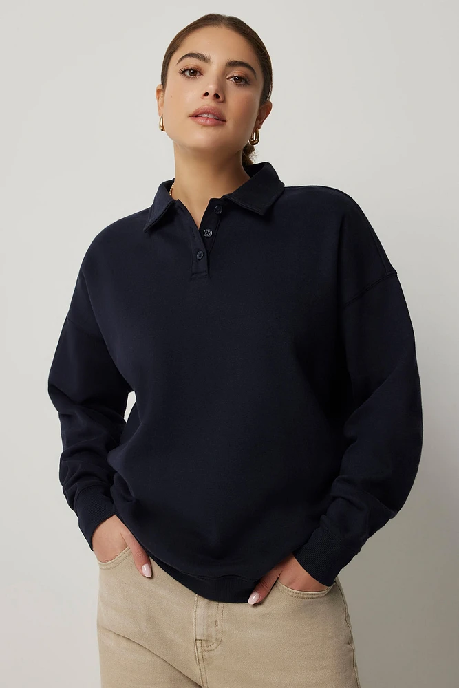 Ardene Oversized Polo Sweatshirt in Dark Blue | Size | Polyester/Cotton | Fleece-Lined