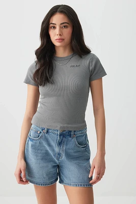 Ardene Fitted T-Shirt with Lettering in Dark Grey | Size | Cotton/Elastane