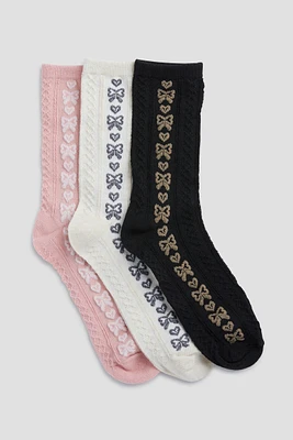 Ardene 3-Pack Bow Crew Socks in Medium Pink