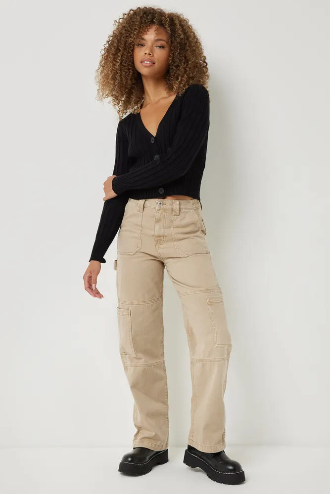 Ardene High Rise Carpenter Jeans in Beige, Size, Polyester/Spandex/Cotton