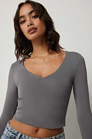 Ardene Ultra Crop Fine Jersey Deep V T-Shirt in Dark Grey | Size | Elastane/Polyamide