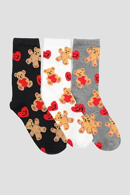 Ardene 3-Pack Bear & Heart Crew Socks in Beige | Polyester/Spandex