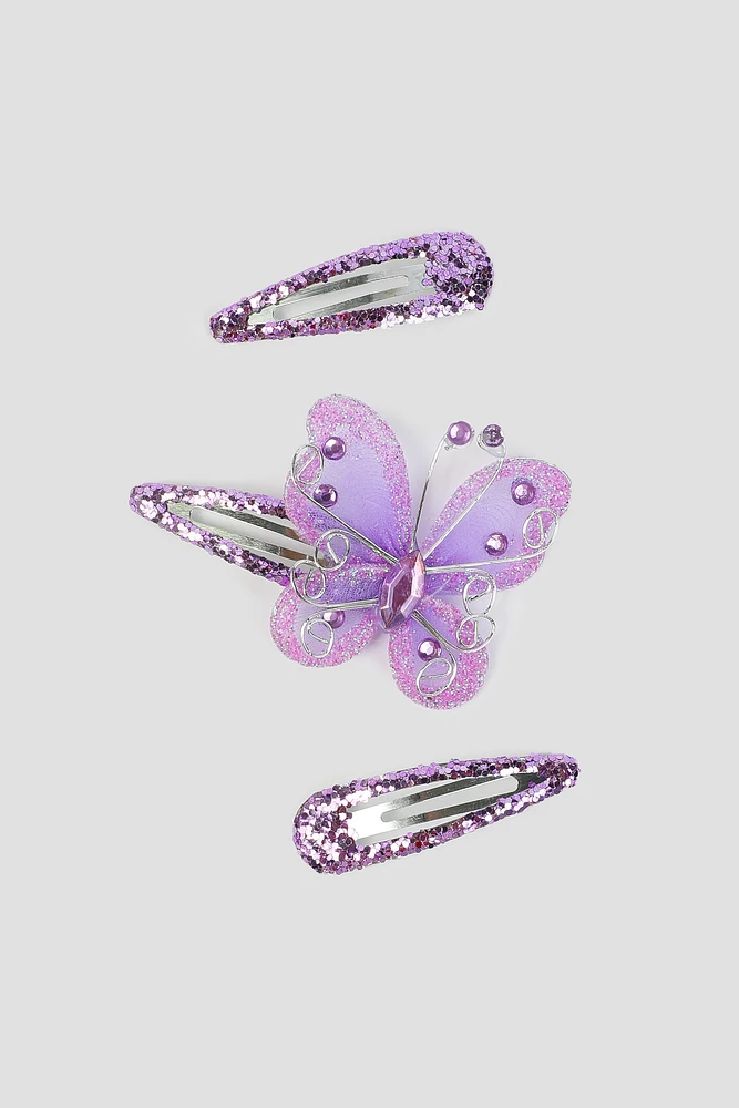 Ardene Kids 3-Pack Butterfly Glitter Hair Snaps in Purple