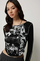 Ardene Printed Long Sleeve Top with Exposed Seams in | Size | Elastane/Viscose