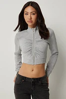 Ardene Ruched Mock Neck Zip Up Sweater in Grey | Size | 100% Cotton