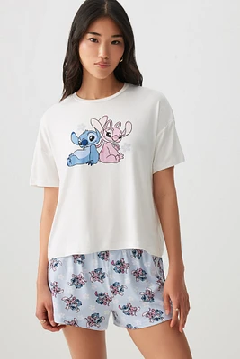 Ardene Stitch & Angel PJ Short Set in White | Size | Polyester/Spandex