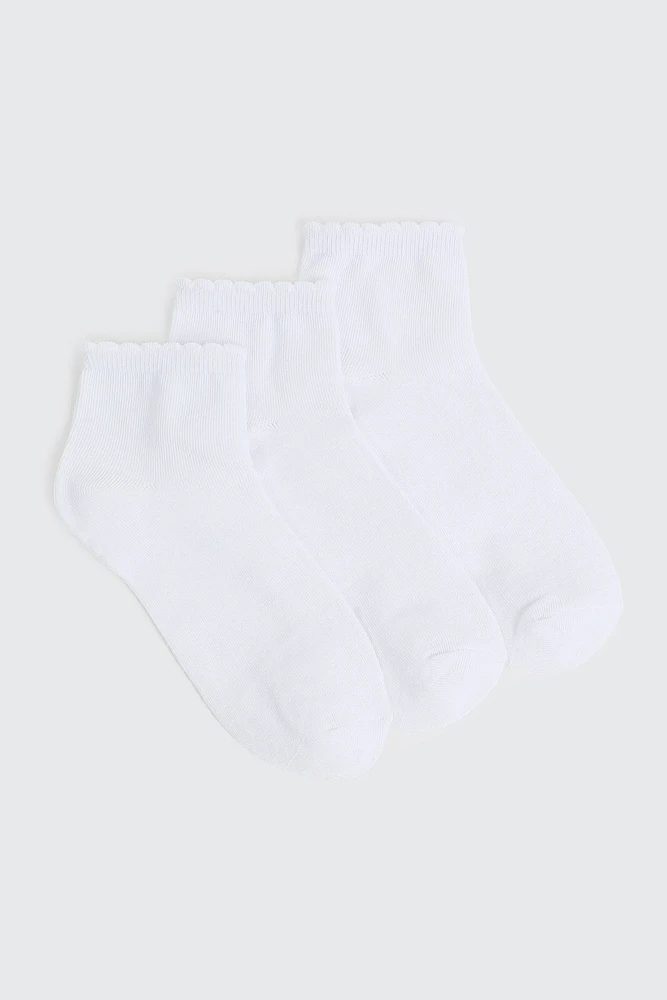 Ardene 3-pack Scalloped Edge Demi Crew Socks in White | Polyester/Spandex