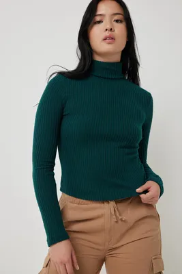 Ardene Brushed Rib Turtleneck Sweater in Dark Green | Size | Polyester/Elastane