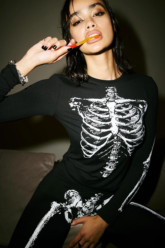 Ardene Long Sleeve Skeleton T-shirt in Black | Size | Polyester/Elastane