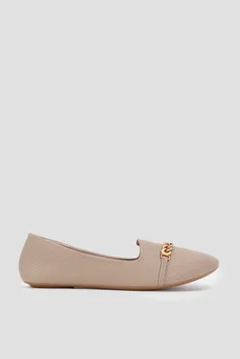 Ardene Loafers with Flat Chain Detail in Beige | Size | Faux Leather