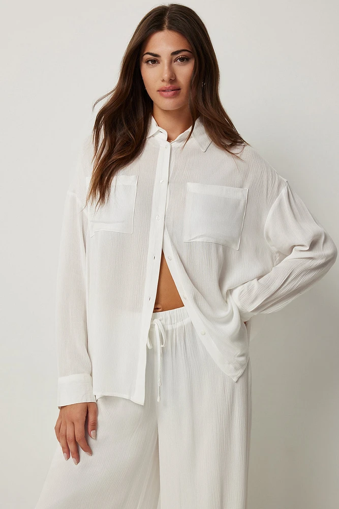 Ardene Crinkle Oversized Beach Shirt in White | Size | Rayon