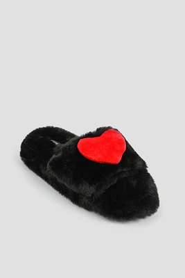 Ardene 3D Heart Faux Fur Slippers in Black | Size | Polyester | Eco-Conscious