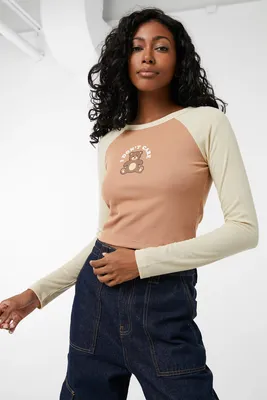 Ardene 2-Tone Raglan Tee with Placement Print in Beige | Size | Polyester/Rayon/Spandex