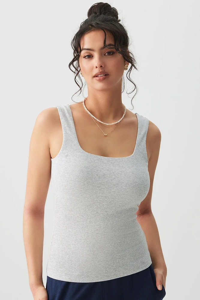 Ardene Basic Rib Square Neck Tank Top in Light | Size | Cotton/Elastane | Eco-Conscious