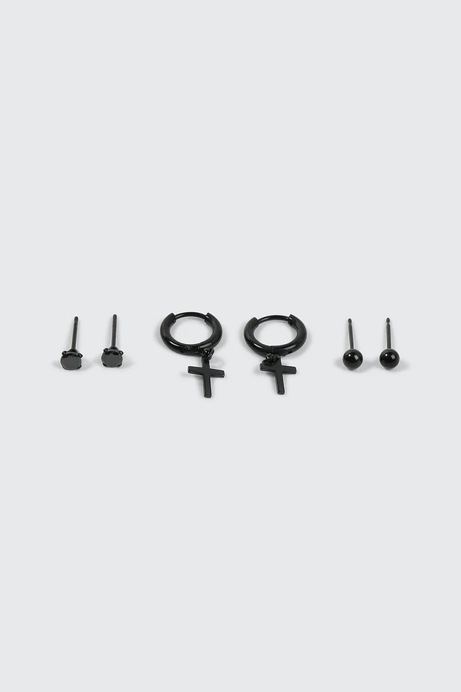 Ardene Man 3-Pack Black Cross Hoop & Stud Earrings For Men | Stainless Steel