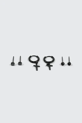 Ardene Man 3-Pack Black Cross Hoop & Stud Earrings For Men | Stainless Steel