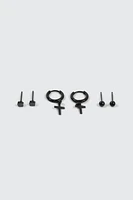 Ardene Man 3-Pack Black Cross Hoop & Stud Earrings For Men | Stainless Steel
