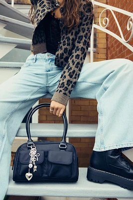 Ardene Nylon Shoulder Bag with Charm in Black | 100% Recycled Polyester/Nylon | Eco-Conscious