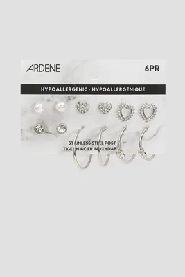 Ardene 6-Pack Heart Hoop & Stud Earrings in Silver | Stainless Steel